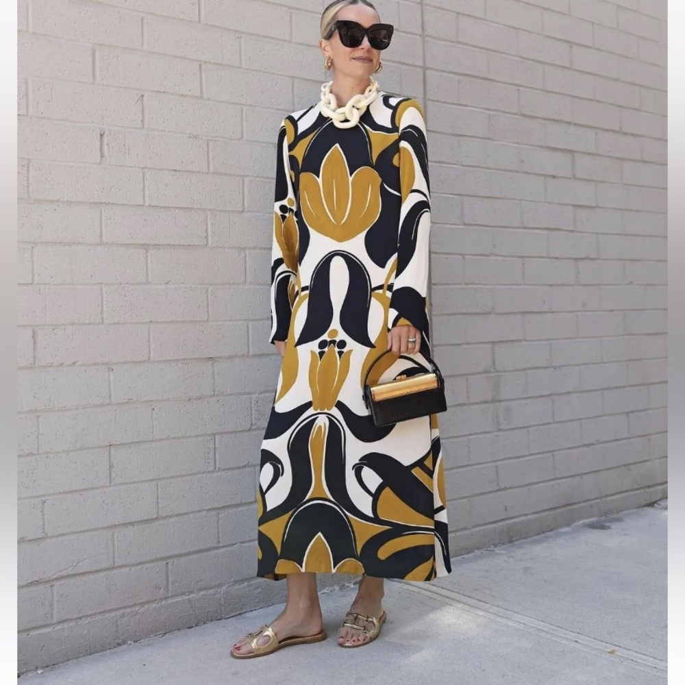 ZARA PRINTED MIDI DRESS DRESS BROWN SIZE L REF 8452/271 BLOGGER’s FAVE LARGE